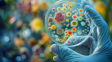 A gloved hand delicately holds a petri dish, revealing diverse bacterial colonies of varying shapes and sizes, epitomizing meticulous microbiological analysis.
