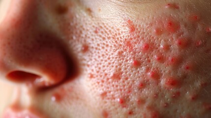 Fototapeta premium A close-up reveals a red, circular rash on the skin, suggestive of a dermatological condition like ringworm or eczema, characterized by inflamed patches. 