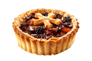 Freshly baked mince pie filling a stunning lattice crust isolated on white transparent background