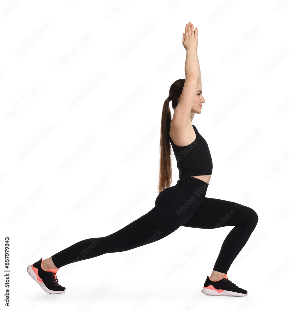 Poster Aerobics. Young woman doing stretching exercise on white background