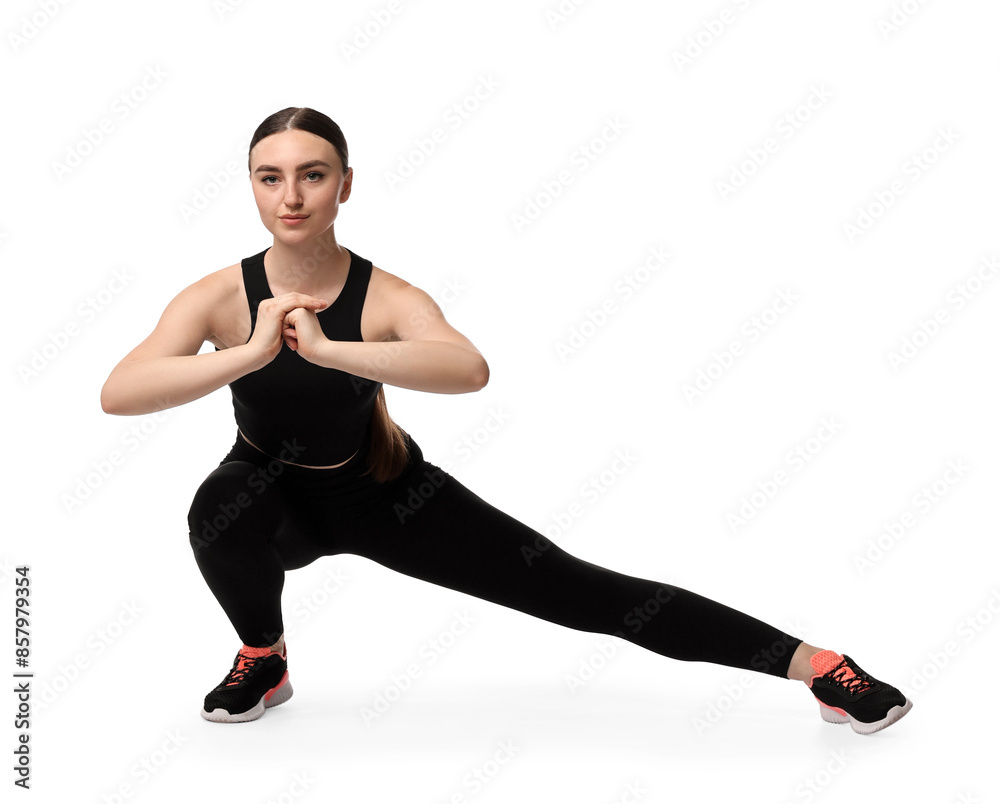 Poster Aerobics. Young woman doing stretching exercise on white background