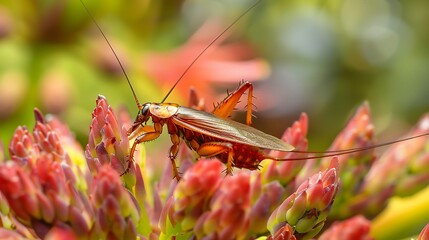 cockroach on dyed asparagus flower