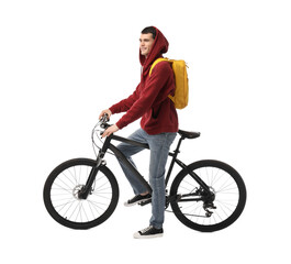 Smiling man with bicycle isolated on white