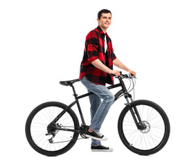 Obraz premium Smiling man with bicycle isolated on white