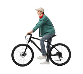 Man with headphones riding bicycle on white background