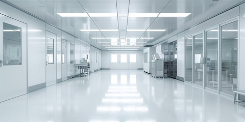 Fototapeta premium Empty hospital corridor with white walls and doors