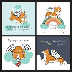 Fototapeta premium Dead corgi dog, pet loss vector illustration, memorial card.