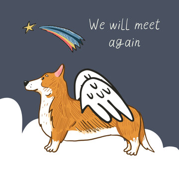 Dead corgi dog, pet loss vector illustration, memorial card.