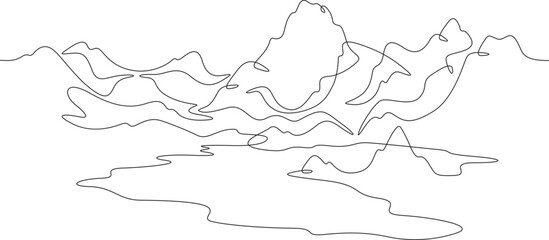 Beautiful mountain landscape. Alpine meadows. Crystal mountain lake. One continuous line drawing on a white isolated background. Minimalism linear illustration.