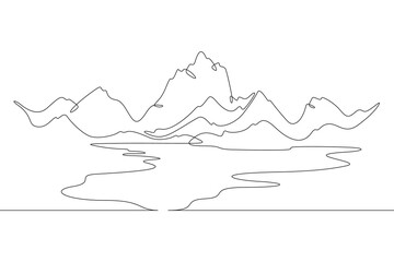 Beautiful mountain landscape. Alpine meadows. Crystal mountain lake. One continuous line drawing on a white isolated background. Minimalism linear illustration.