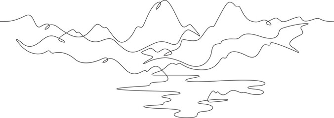 Beautiful mountain landscape. Alpine meadows. Crystal mountain lake. One continuous line drawing on a white isolated background. Minimalism linear illustration.