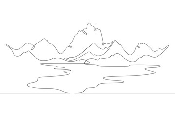 Beautiful mountain landscape. Alpine meadows. Crystal mountain lake. One continuous line drawing on a white isolated background. Minimalism linear illustration.