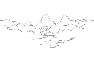 Beautiful mountain landscape. Alpine meadows. Crystal mountain lake. One continuous line drawing on a white isolated background. Minimalism linear illustration.