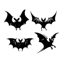 angry bat silhouette set black and white, Bat with wings spread silhouette