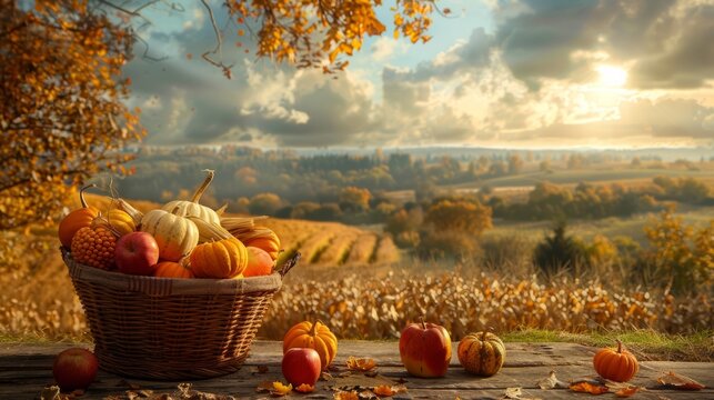 Rustic harvest table adorned with a bountiful basket of pumpkins, apples, and corn, set against the backdrop of a serene countryside landscape with fields, trees, and a vast sky.