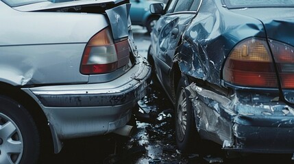 The scene captures the aftermath of impact-a silver car's mangled front pressed against the battered rear of a dark blue car, a stark testament to the collision's violence.
