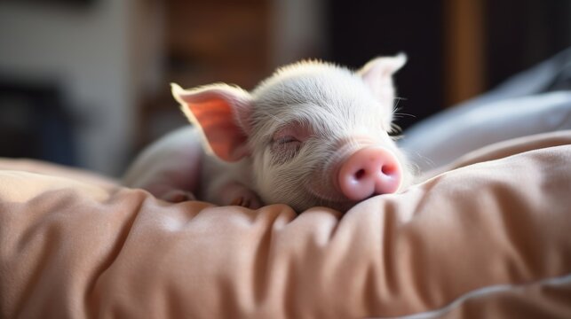Micro pig sleeping in cozy bed, adorable pet
