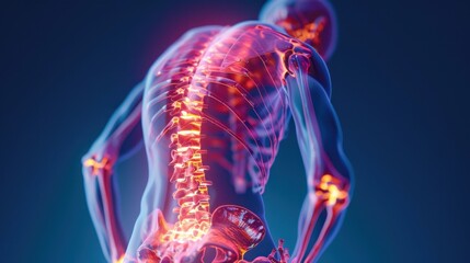 A detailed 3D model of a human skeleton, emphasizing the lumbar spine highlighted in red, illustrating lower back pain against a serene blue backdrop.
