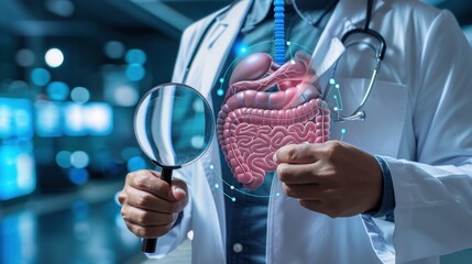 A doctor, in a pristine white coat, scrutinizes a magnified illustration of the human digestive system, underscoring focus on gastrointestinal health and medical examination.
