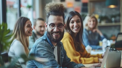 Group of Friends Laughing Together at a Coffee Shop