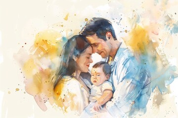 heartwarming watercolor illustration of a couple family with a newborn baby  - childbirth announcement