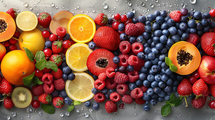 A vibrant assortment of fresh fruits, including lemons, blueberries, raspberries, and kiwis, arranged on a surface with water droplets.