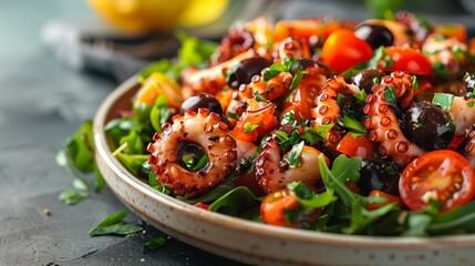 Close-Up of Mediterranean Octopus Salad with Cherry Tomatoes, Olives, and Fresh Greens