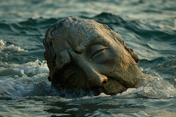 Fototapeta premium Tranquil stone face sculpture immersed in serene water