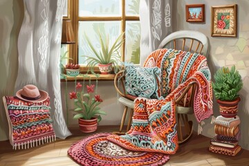 cozy home interior decorated with dreamy crochet blankets, pillows, and accessories, charming crochet-inspired setting home decor design ideas