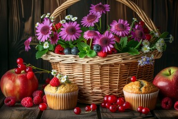 Rustic still life with fresh berries, flowers and muffins