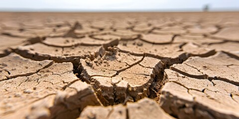 Obraz premium Close-up view of parched earth cracking under severe drought. Concept Drought, Climate Change, Arid Landscapes, Environmental Crisis, Earth's Vulnerability