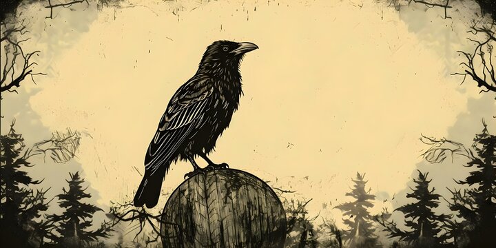 Antique woodcut illustration of a black raven. Concept Birds, Wildlife, Illustration, Antique, Raven