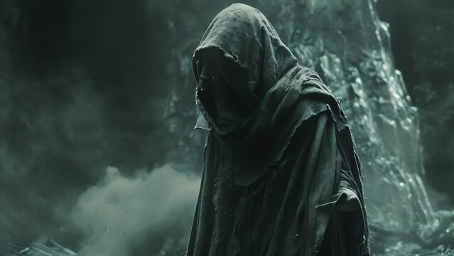 A spectral figure clad in tattered robes appeared before the trespassers with hollowed eyes and a mournful wail warning them to turn back.