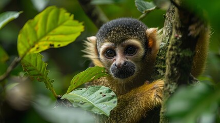 Obraz premium Squirrel in tree in natural habitat, cute small mammal with fur and bushy tail, greenery surroundings, wildlife, nature reserve, funny animal, young couple, Capuchin monkey, tropical region, Saimiri