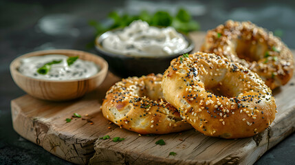 Fast food vegan bagels served with a side of vegan cream cheese, presented on a rustic wooden board