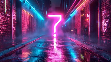 Mysterious Neon Question Mark in Futuristic Alley at Night