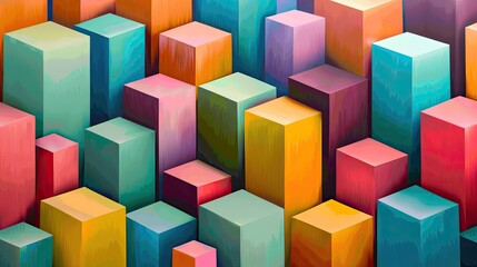 Fototapeta premium A colorful painting of blocks with a blue square in the middle. The blocks are in various colors and sizes, and the blue square is the only one that is not a different color