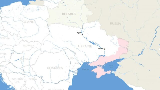 Dynamic political map animation of Ukraine, highlighting conflict zones and Dnipro city, Russian aggression, warzone, eastern Europe.