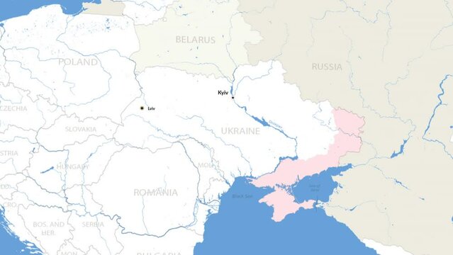 Dynamic animation of Ukraine political map highlighting Lviv city and conflict zones amid Russia aggression in eastern Europe war scenario
