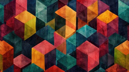 A colorful abstract painting of squares and triangles. The colors are bright and bold, creating a sense of energy and movement. The composition is dynamic and visually interesting, with the shapes