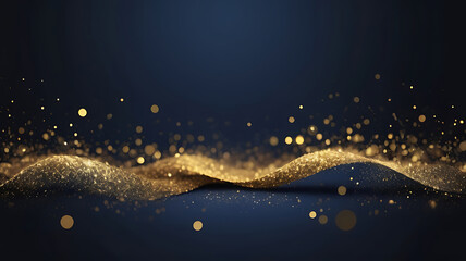 abstract background with Dark blue and gold particle. Christmas Golden light bokeh on navy blue background. black bokeh background black texture dark Gold foil texture. Holiday concept. ai