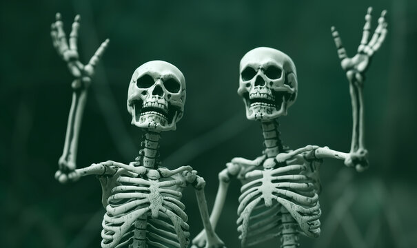 Halloween illustration with skeletons on dark background. Two skeletons looking up