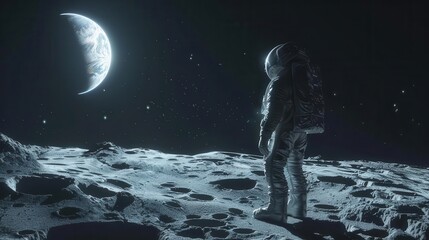 Obraz premium astronaut standing on desolate moon surface with earth rising in distance space exploration concept ai art