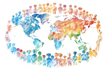 Obraz premium Diverse silhouettes in vibrant colors around watercolor map symbolizing global unity and diversity