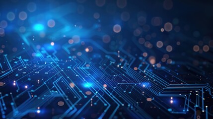 Fototapeta premium Abstract Circuit Board Background with Glowing Blue Lines and Bokeh Lights