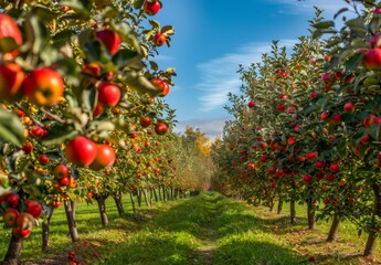 Apple orchard in autumn green grass, beautiful scenery, green nature