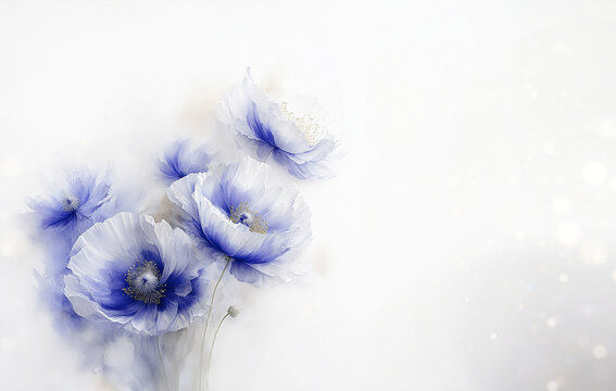 Carta da parati con fiori ad acquerello. Papaveri blu astratti, decorazione. Spazio vuoto per il testo