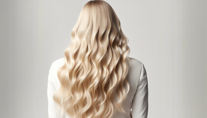 Fototapeta premium long, wavy, women's, hair, blonde, tones, back, view, advertising, shoot, isolated, white, background, flowing, glossy, luxurious, radiant, silky, soft, voluminous, elegant, stylish, beauty, hairstyle