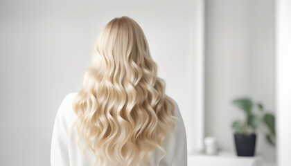 Naklejka premium long, wavy, women's, hair, blonde, tones, back, view, advertising, shoot, isolated, white, background, flowing, glossy, luxurious, radiant, silky, soft, voluminous, elegant, stylish, beauty, hairstyle
