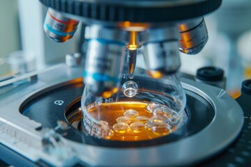 medical process of IVF, fertilization, embryo development, and transfer stages of procedure, microscope machine closeup